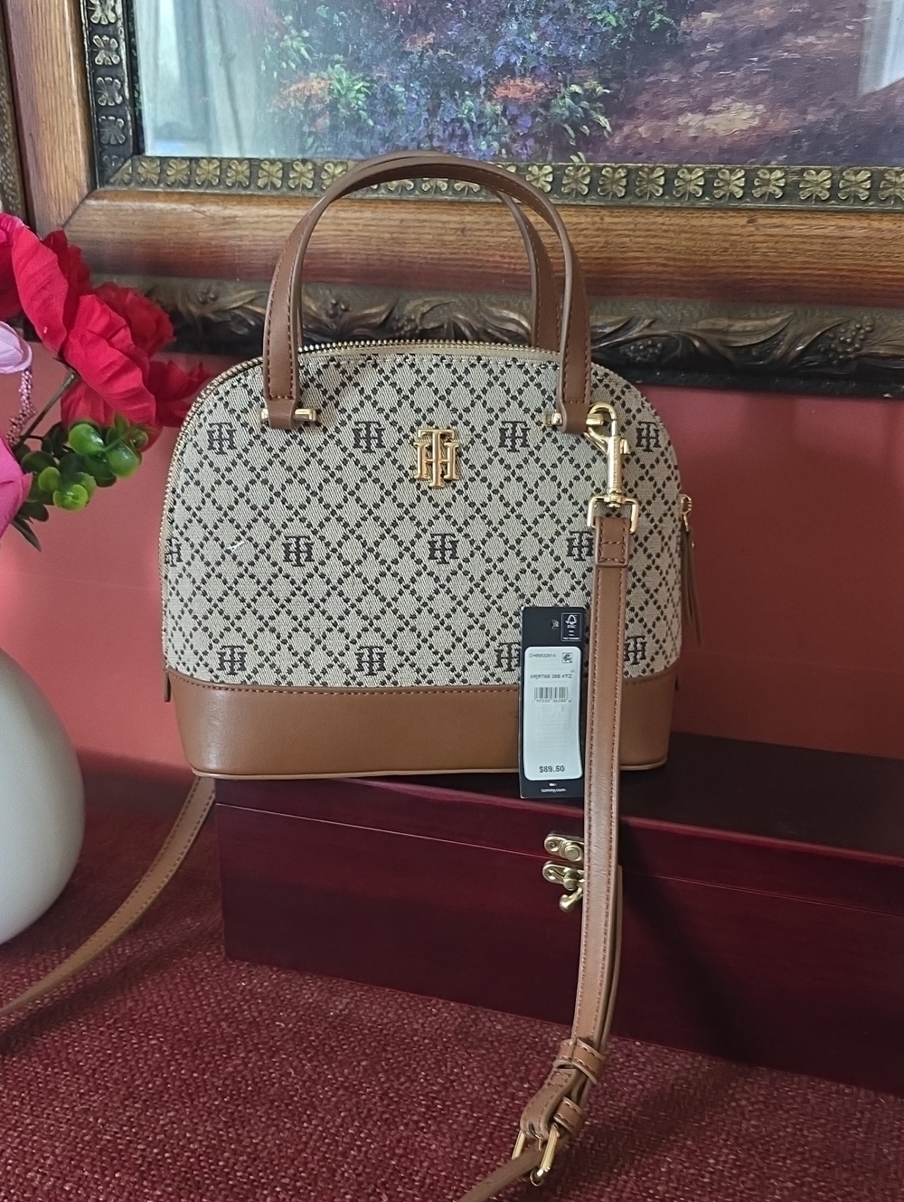 Tommy Hilfiger Beige Monogram & Tan Dome Satchel with Gold Hardware